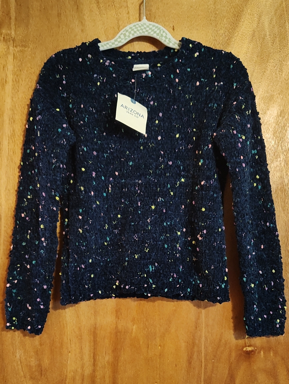 ✨NWT✨Arizona Girls Cozy Chenille Sweater Navy Confetti Pink Teal Crew Neck S/7-8